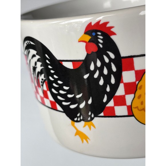 Ceramic Chicken/Rooster Soup Mugs Bowl With Handle Farmhouse Checkered Red - Picture 10 of 10